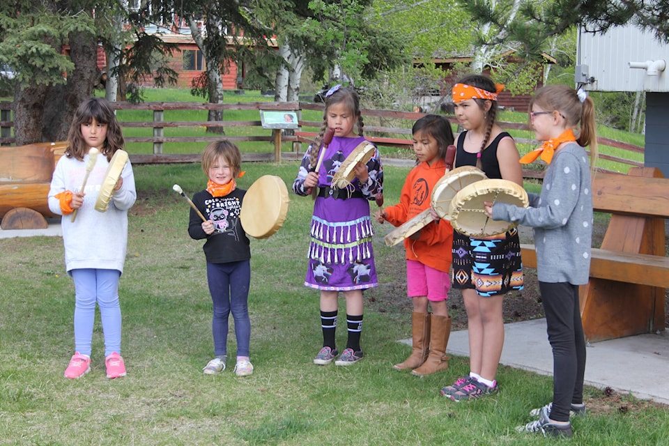 Students from 100 Mile House Elementary began the show with a student-led drum opening led by Micki Sawyer-Ned. (Lauren Keller photo - 100 Mile Free Press)