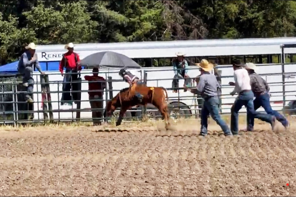 Rino Poffenroth competes in the JR Boys steer riding at the Riske Creek Little Britches Rodeo. Rino won All Around Jr Boy Cowboy for the weekend. (Photo submitted)
