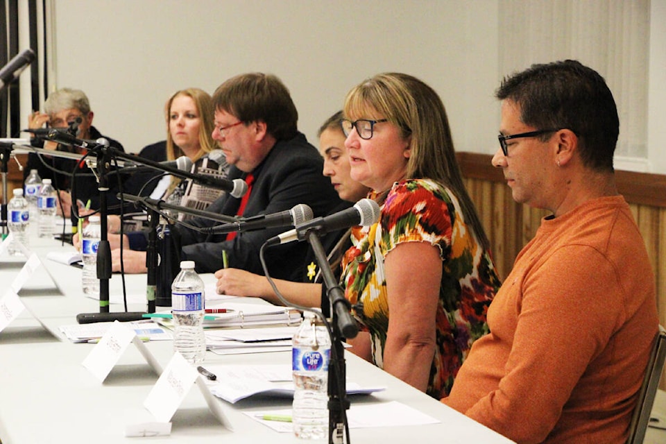 The seven candidates for the District of 100 Mile House Council answered questions for two hours last Thursday. (Patrick Davies photo - 100 Mile Free Press)