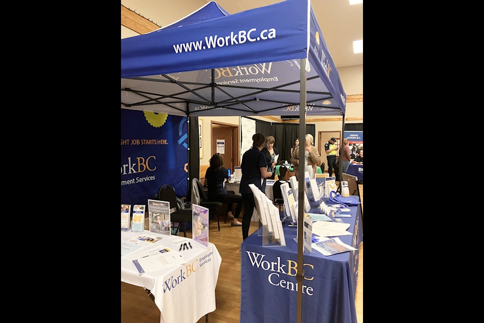 The WorkBC booth at the South Cariboo Inclusive Job Fair. The fair was sponsored by Horton Ventures and the South Cariboo Chamber of Commerce. (Fiona Grisswell photo - 100 Mile Free Press)