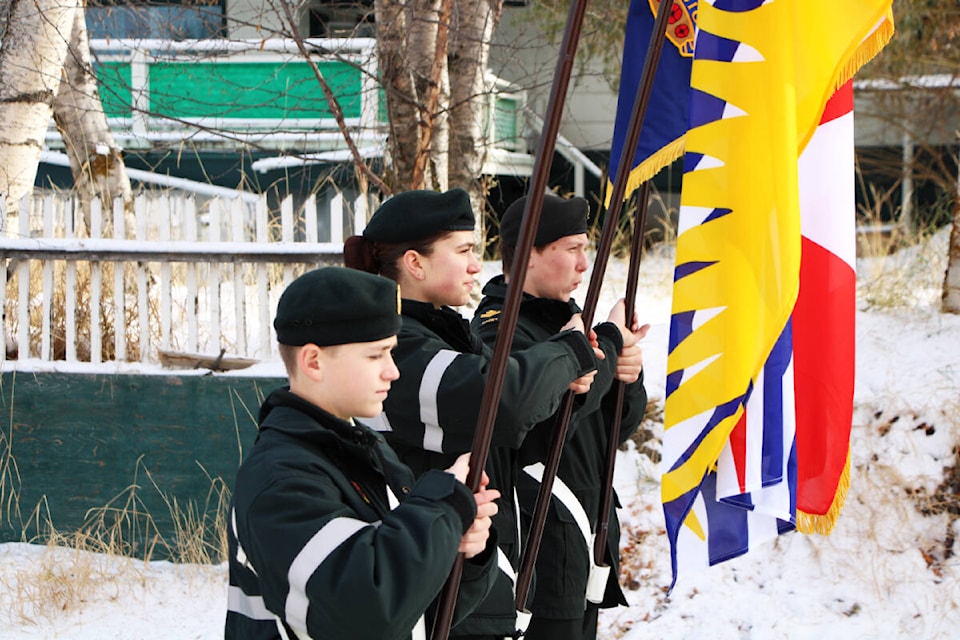 Members of the 2887 Rocky Mountain Rangers Royal Canadian Army Cadets formed the colour guard at 100 Mile House’s Remembrance Day Ceremony. (Patrick Davies photo - 100 Mile Free Press)