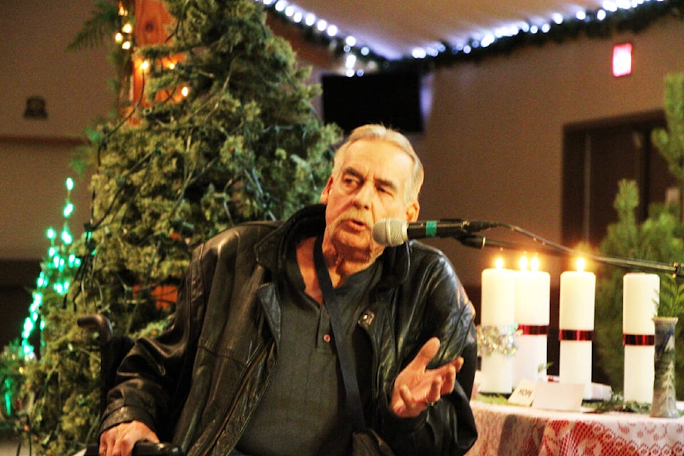 Wilfred Kelly Gordon De La Mere, better known as just Kelly, recites his poem ‘The Memory Tree; during the 100 Mile District Hospice Palliative Care Society’s Memory Tree Celebration. (Patrick Davies photo - 100 Mile Free Press)