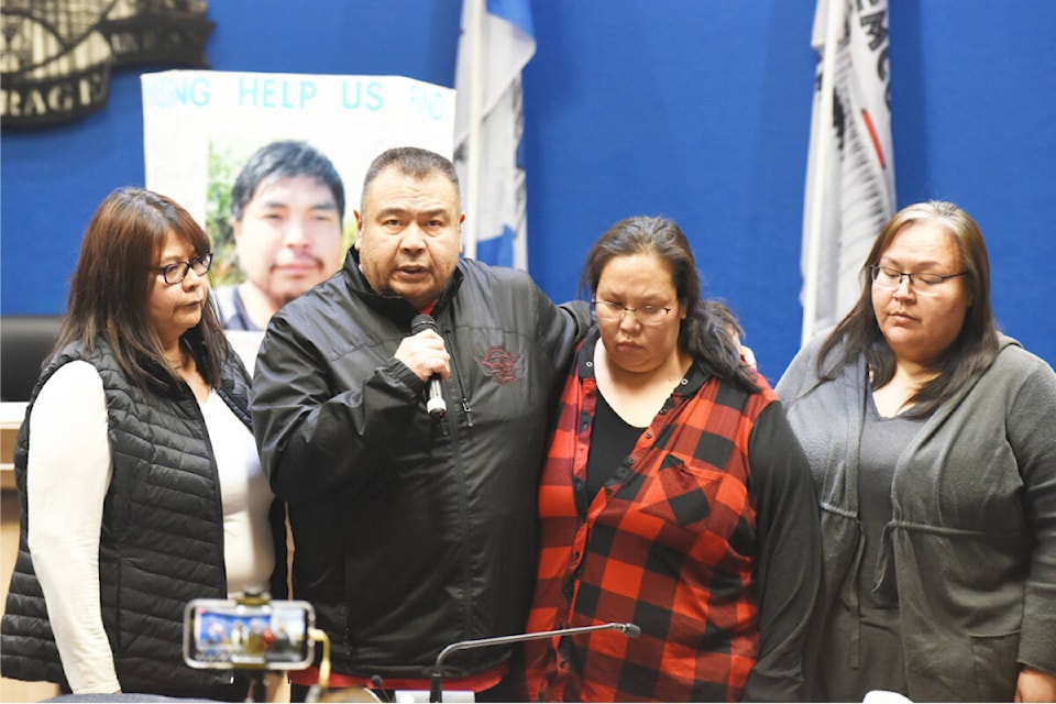 The father of Carl Schooner Jr speaks at a press conference in Williams Lake Jan. 12, appealing for information regarding his disappearance. (Ruth Lloyd photo - Williams Lake Tribune)