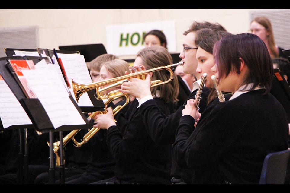 Members of the Peter Skene Ogden Secondary School Band program perform last Tuesday for friends and family. (Patrick Davies photo - 100 MIle Free Press)