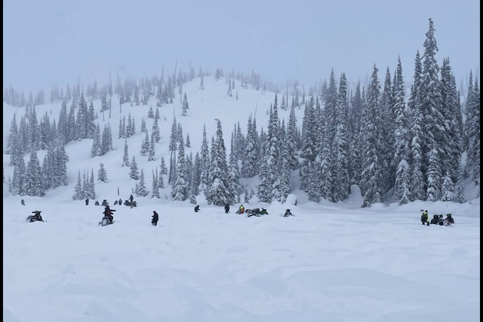 Members of the South Cariboo snowmobiling community and South Cariboo Search and Rescue conduct a mock search for avalanche victims at Mica Mountain. (Val Severin photo)