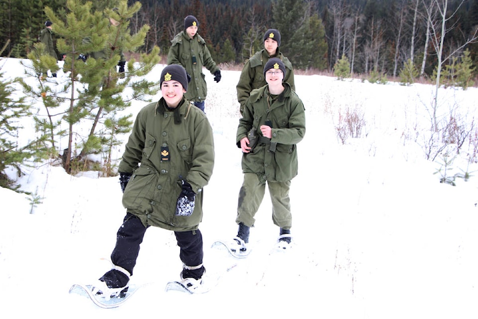 Master Cpl Jordan Harper (front) leads Lance Cpl Joseph Wieduwilt, Cpl Damian Ma and cadet Joshua Shepherd down an embankment in snowshoes. (Patrick Davies photo - 100 Mile Free Press)