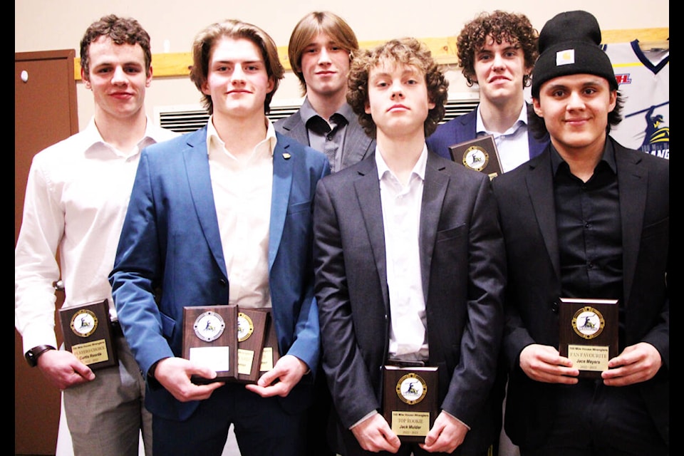 The 100 Mile House Wranglers gave out several awards at their banquet Thursday night. L-r: Curtis Roorda, Jackson Altwasser, Tyler Smoluk, Nathan Nohmer, Jack Mulder and Jace Meyers. (Patrick Davies photo - 100 Mile Free Press)