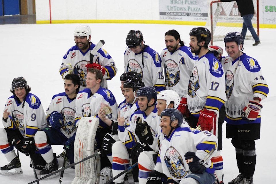 The Tk’emlúps Indian Band hockey team edged out the Ashcroft Cowboys winning 5-4 in overtime in the first annual Canim Lake Ice Hawks Hockey tournament at the South Cariboo Rec Centre on Sunday. (Fiona Grisswell photo - 100 Mile Free Press)