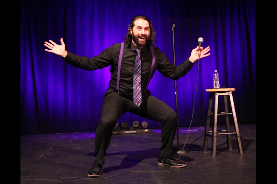 Prince George native Alexandr Mackenzie delighted audiences with his jokes about relationships, living in a van and being a ‘domesticated redneck’ in 100 Mile House last Saturday. (Patrick Davies photo - simplymastery)
