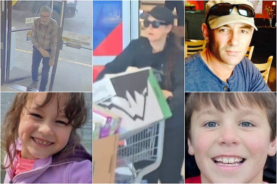 From top left, clockwise: 74-year-old Robert Bolton, Verity Bolton, 53-year-old Abraxas Glazov, 10-year-old Joshuah Bolton and eight-year-old Aurora Bolton. Joshuah and Aurora are part of an Amber Alert issued July 19, 2023 after their mother, Verity, failed to returned them July 17 following a planned vacation. (Surrey RCMP)