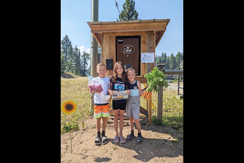 Chase, left, Mackenzie and Cody Thibeault are all pitching in this summer to run a roadside produce stall. (Crystal Thibeault photo)