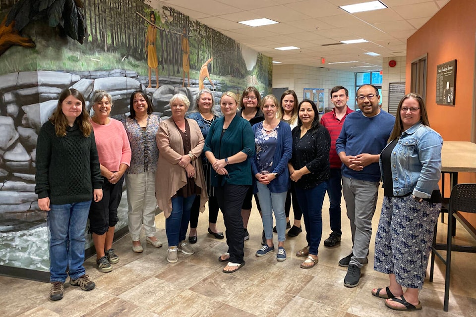 Some of the staff at the Thompson Rivers University Williams Lake campus. From left to right: Alissa Clements, Community Education and Work Force Development Admin Assistant; Pat Biblow, Manager, Administration and Operations; Kylie Thomas, Academic Director; Alison Sutherland-Mann, Community Education and Work Force Development Community Coordinator; Meghan Atchison, Interim Campus Assistant; Sarah Shortreed, Academic Advisor; Rhea Clements, Admissions Records Associate; Rosalie McMartin, Interim Assessment Centre Clerk; Thea Telford, Nursing Program Assistant; Geraldine Bob, Coordinator of Indigenous Student Services; Dustin Batty, Tutor; Nic Suapa, Learning Commons & Student Support Coordinator; and Amy Carson, Interim Manager, Enrolment Services and Student Support. (Kim Kimberlin/Black Press Media. Aug. 2023)