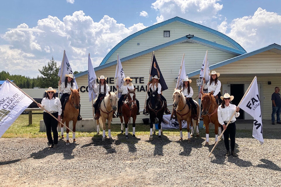 The Cariboo Rockin’ Riders Drill Team was a hit with young and old alike at Lone Butte Rocks on Sunday. From left: team coach, Ali Toews; Isabelle Roberts on Rosie; Danielle Parkins on Sir William; Kaylee Bird on Sako, Miley Goldbaum on Elvis; Calliegh Parkins on Topaz; Michelle Miller on Sage and Megan Frawley.(Fiona Grisswell photo - simplymastery)