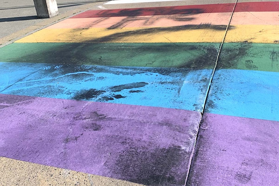The rainbow crosswalk at Abbotsford Senior Secondary has been defaced.