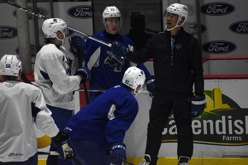 Abbotsford Canucks head coach Manny Malhotra discusses drills.