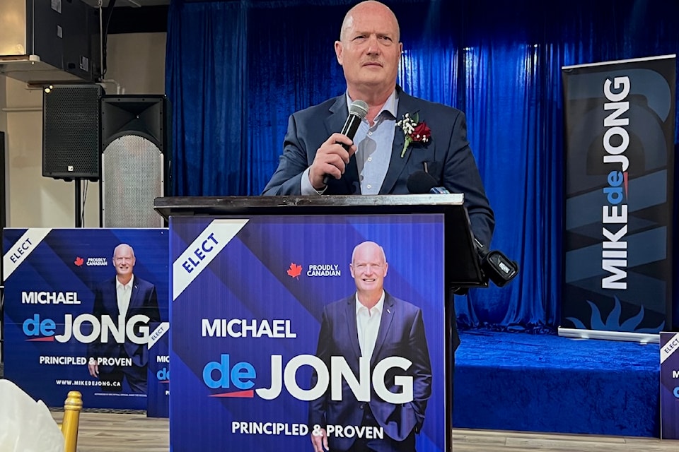 Mike de Jong addresses his supporters during his concession speech on election night in Abbotsford.