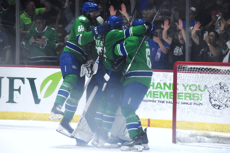 The Abbotsford Canucks mob goalie Arturs Silovs after the final horn. 

Ben Lypka/Abbotsford News