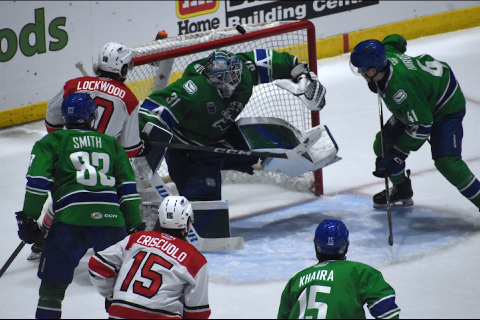 Arturs Silovs makes an acrobatic save en route to another playoff win for the Abbotsford Canucks.