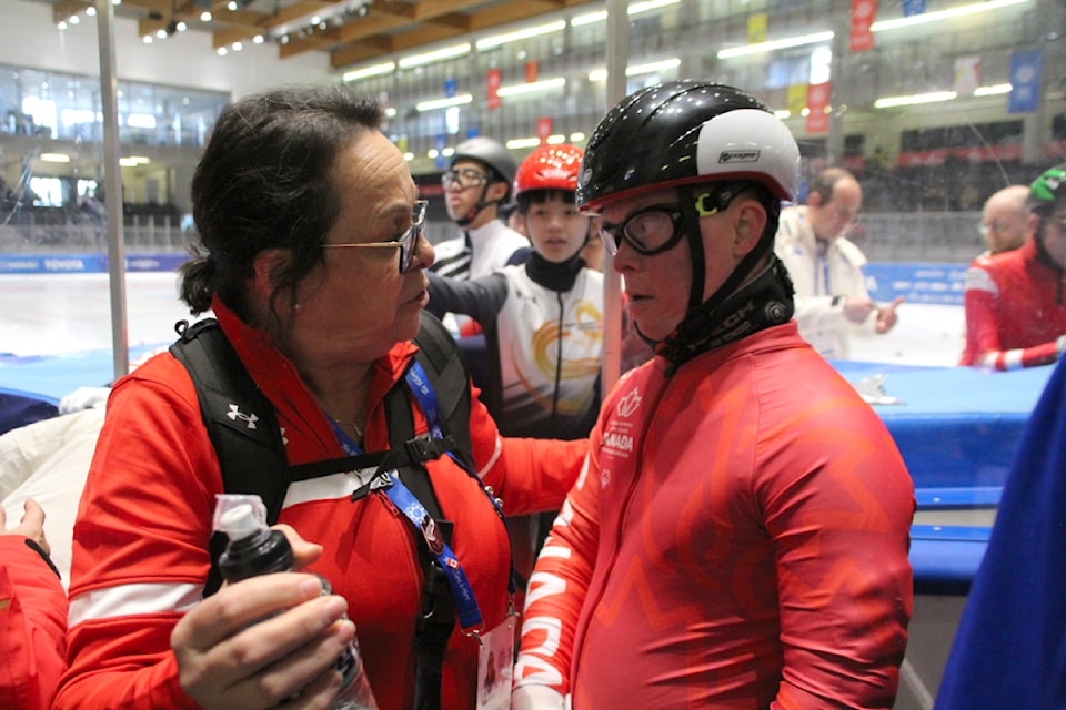 Donna Bilous (left) was the head coach for Team Canada's speed skating team at the 2025 Special Olympics World Winter Games.