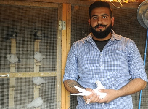 Gurbir Brar holds one of the 25 piegeons he keeps at his west Abbotsford home.