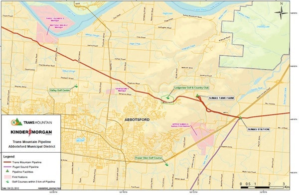 A Kinder Morgan Canada map shows the route of its pipeline through Abbotsford.
