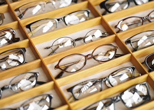 Display case of eyeglasses, close-up, high angle view