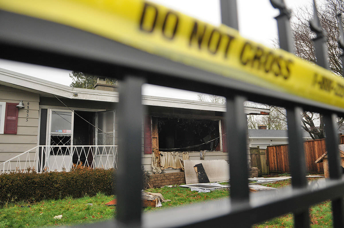 A fire at this house on Yale Road near Banford Road in Chilliwack, seen here on Tuesday, Jan. 5, 2021, resulted in the dismantling of a clandestine drug lab located on the property. (Jenna Hauck/ Chilliwack Progress)