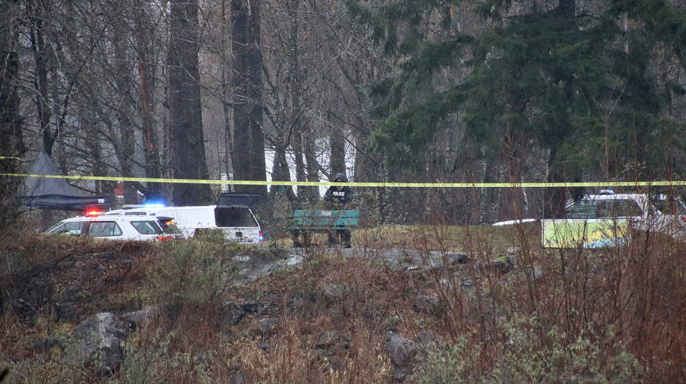 The Independent Investigations Office of BC were on scene in the parking lot by Vedder River at the end of Lickman Road Tuesday, Jan. 12, 2021 after a man was shot by police early that morning. (Submitted/ Shane MacKichan)