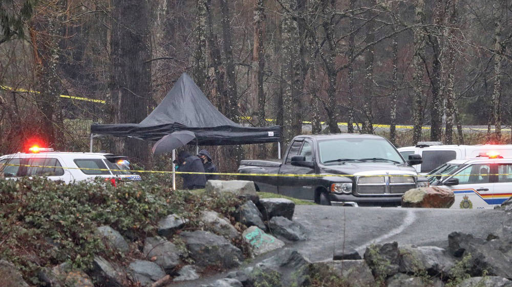 The Independent Investigations Office of BC were on scene in the parking lot by Vedder River at the end of Lickman Road Tuesday, Jan. 12, 2021 after a man was shot by police early that morning. (Submitted/ Shane MacKichan)
