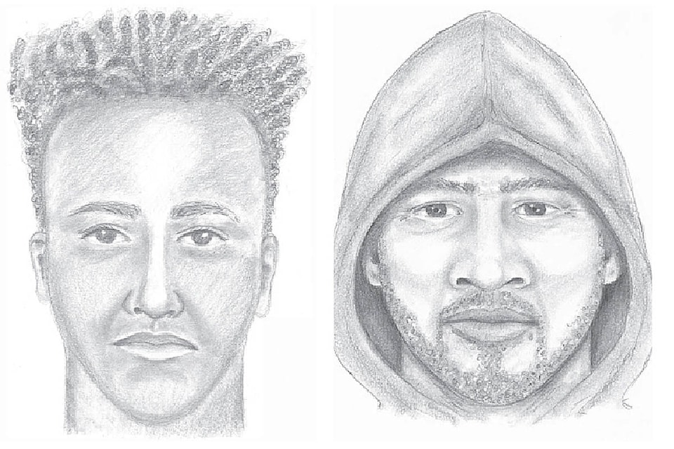 Police sketches of the two suspects in Guildford-area attacks. On the left is the suspect in the July 9 incident in the 14200-block of 104th Avenue, while the suspect on thr right is from the July 12 incident at Tynehead Park. (Images: Surrey RCMP)