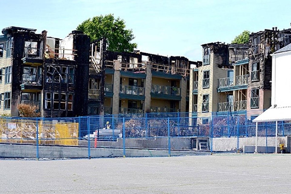 The aftermath of the May 2016 fire that rendered the Ocean Ridge condominium building in White Rock’s Five Corners district uninhabitable. (File photo)