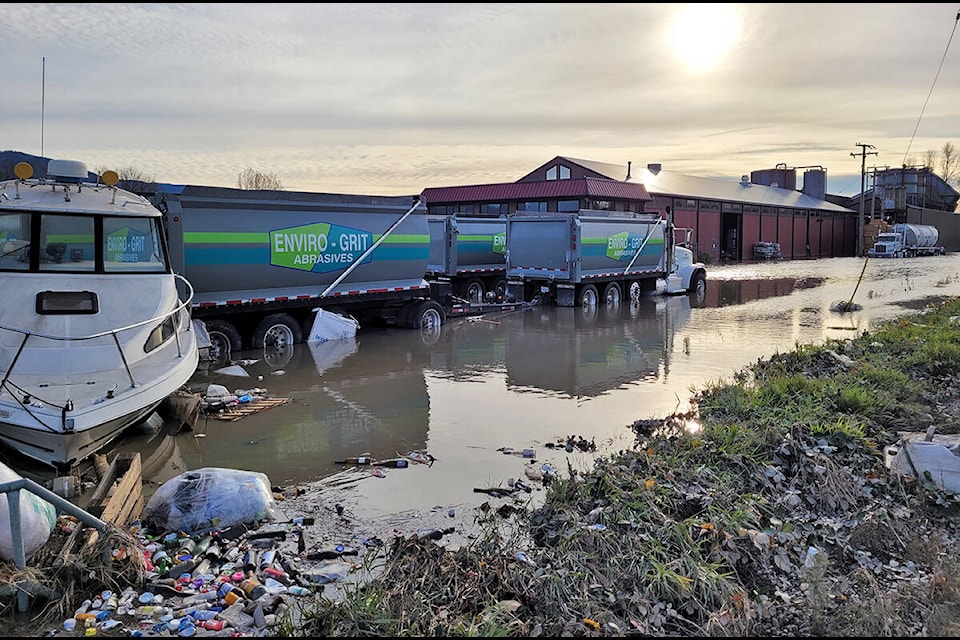 The Enviro-Grit Abrasives site in Huntingdon was still flooded Wednesday afternoon. (Neil Corbett/Black Press)