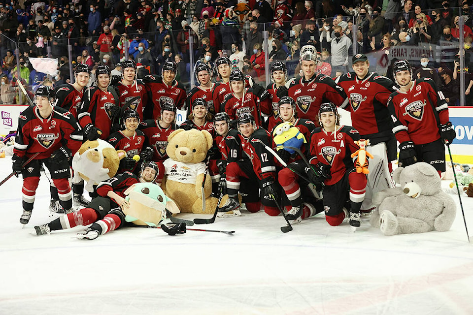 Fabian Lysell opened the scoring at 11:05, the cue for the Langley Events Centre crowd to rain teddy bears down on the ice as part of the annual Chevrolet Teddy Bear Toss game. Victoria would win the Friday Dec. 10 game 4-3. (Rob Wilton/Special to Langley Advance Times)