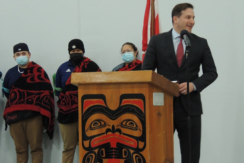 Public Safety Minister Marco Mendicino speaks at a press conference at Seabird Island on Wednesday (March 9). Mendicino announced $3.1 million in funding for crime prevention programs for Agassiz-area First Nations youth. (Adam Louis/Observer)