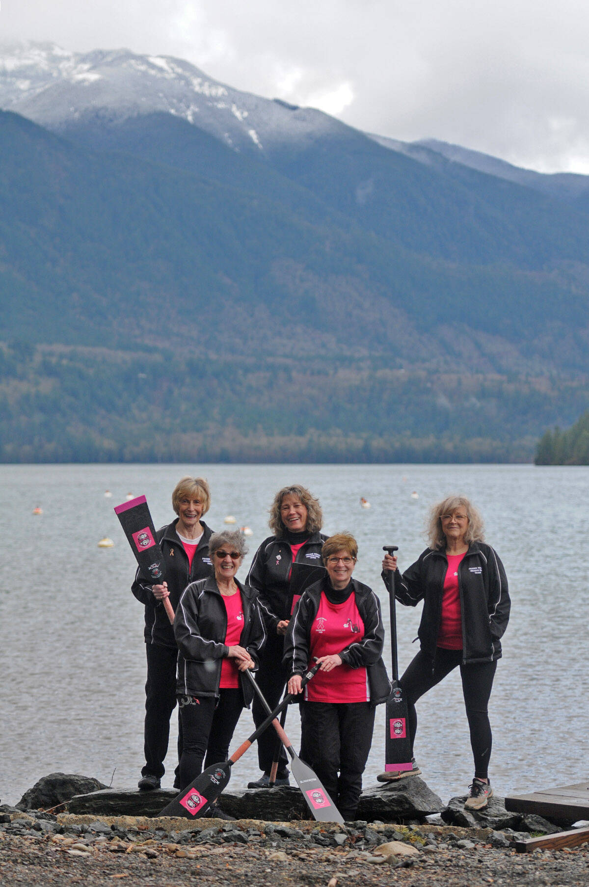 Some of the members of Spirit Abreast include (from left) Elaine Perrin, Dolores Brewer, Delrose Thomas, Janet Morrison and Ingrid Bates. They are seen here at Cultus Lake on Saturday, March 19, 2022. (Jenna Hauck/ Chilliwack Progress)