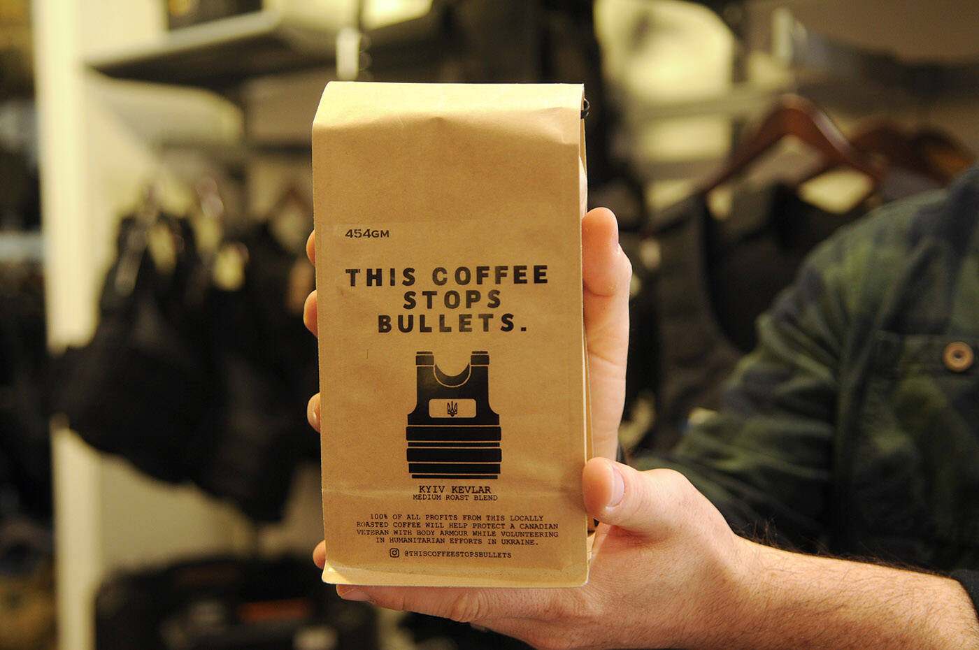 John Lowe is selling coffee to help raise funds for body armour to protect a group of Canadian volunteers in Ukraine. (Jenna Hauck/ Chilliwack Progress)
