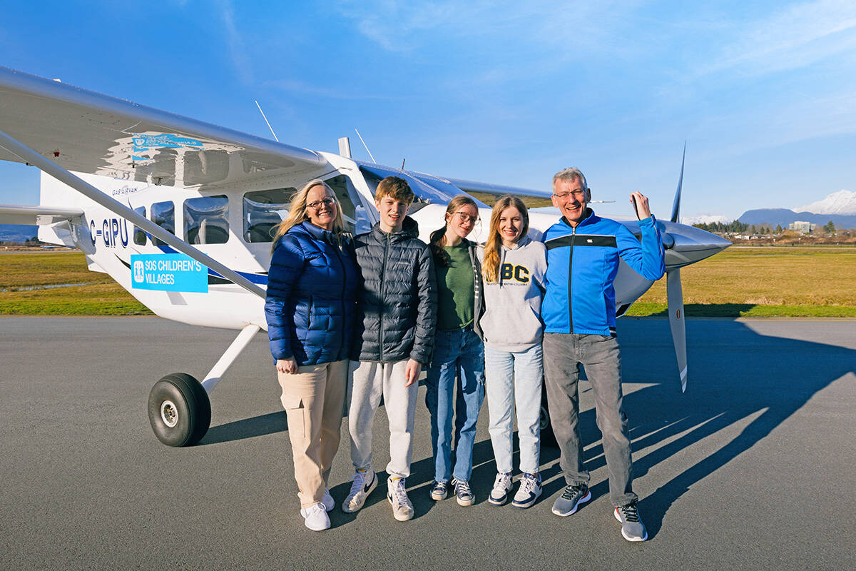 The Porter family are flying around the world in a single-engine aircraft and aim to raise $1 million for SOS Childrens Villages. Left to right: Michelle Porter, Christopher Porter, Sydney Porter, Samantha Porter, Ian Porter. (Courtesy of Ian Porter)