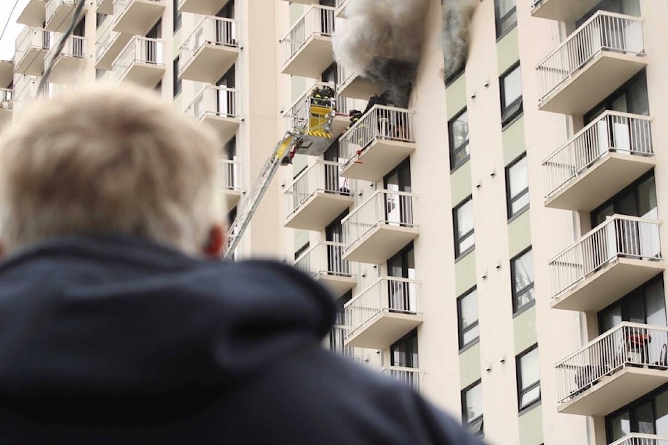 Victoria fire crews battle a blaze at View Towers in Victoria on Friday, April 29. (Jake Romphf/News Staff)