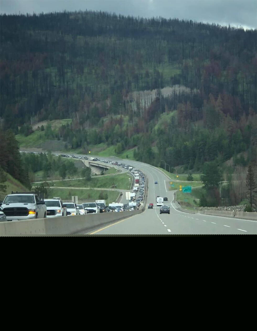 This is the Coquihalla with vehicles lined up to go southbound on Sunday afternoon due to long weekend traffic. (Black Press photo)