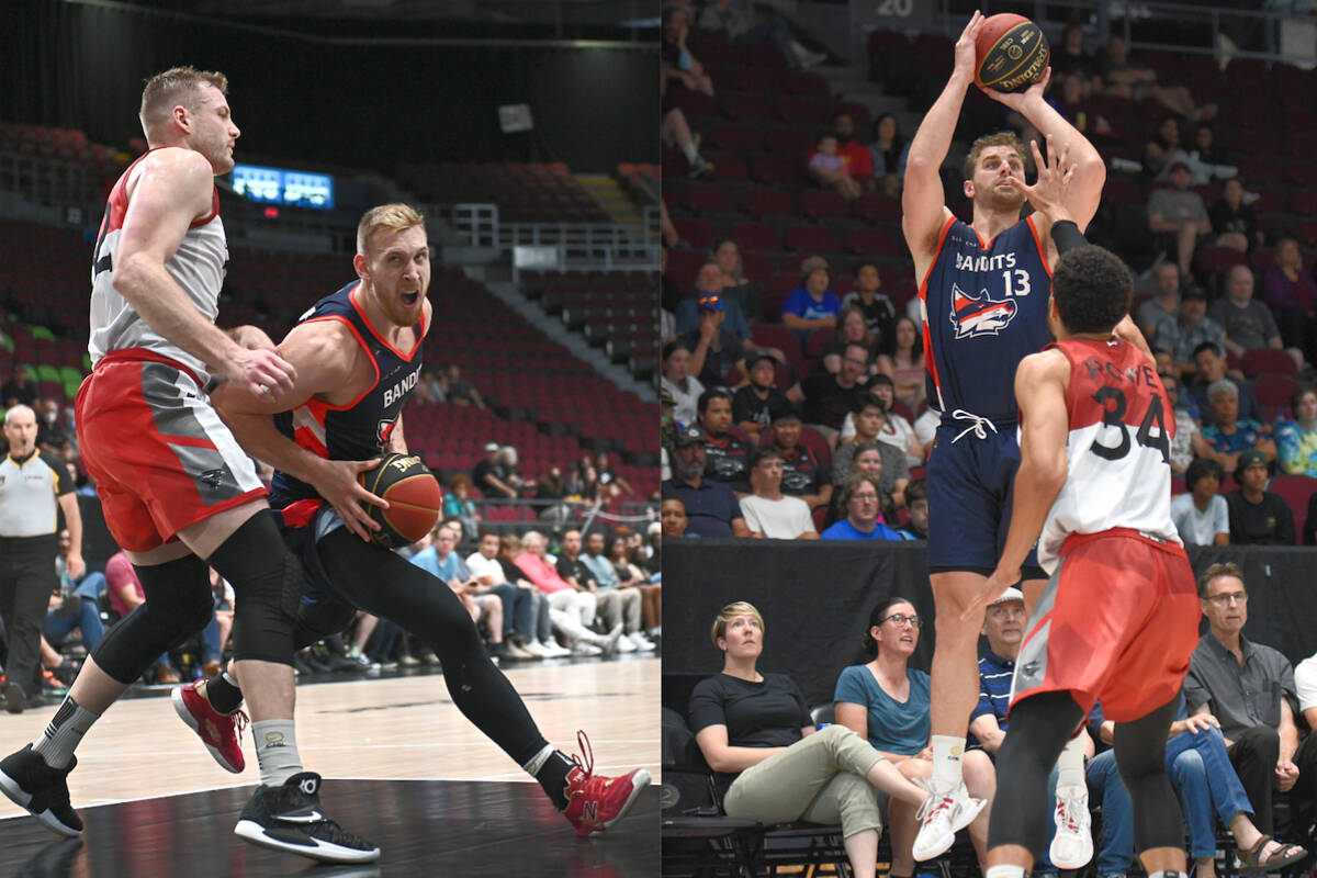 Bandits James Karnik and Murphy Burnatowski versus the BlackJacks on July 8 in Ottawa. The game ended in a 100-79 loss for Fraser Valley. (Spencer Colby/Canadian Elite Basketball League)