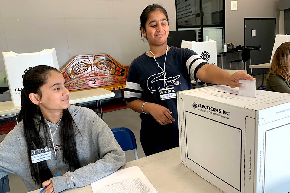 Jasmin Dhaliwal watches her friend Manroop Sidhu vote in Abbotsford’s municipal election on Oct. 14 at Chief Dan George middle school as part of Student Vote. (Jessica Peters/Abbotsford News)