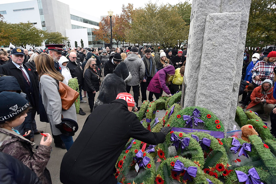 Hundreds of people came out to the Remembrance Day ceremony at Thunderbird Memorial Square on Veterans Way in Abbotsford on Friday, Nov. 11, 2022. (John Morrow/ Abbotsford News)