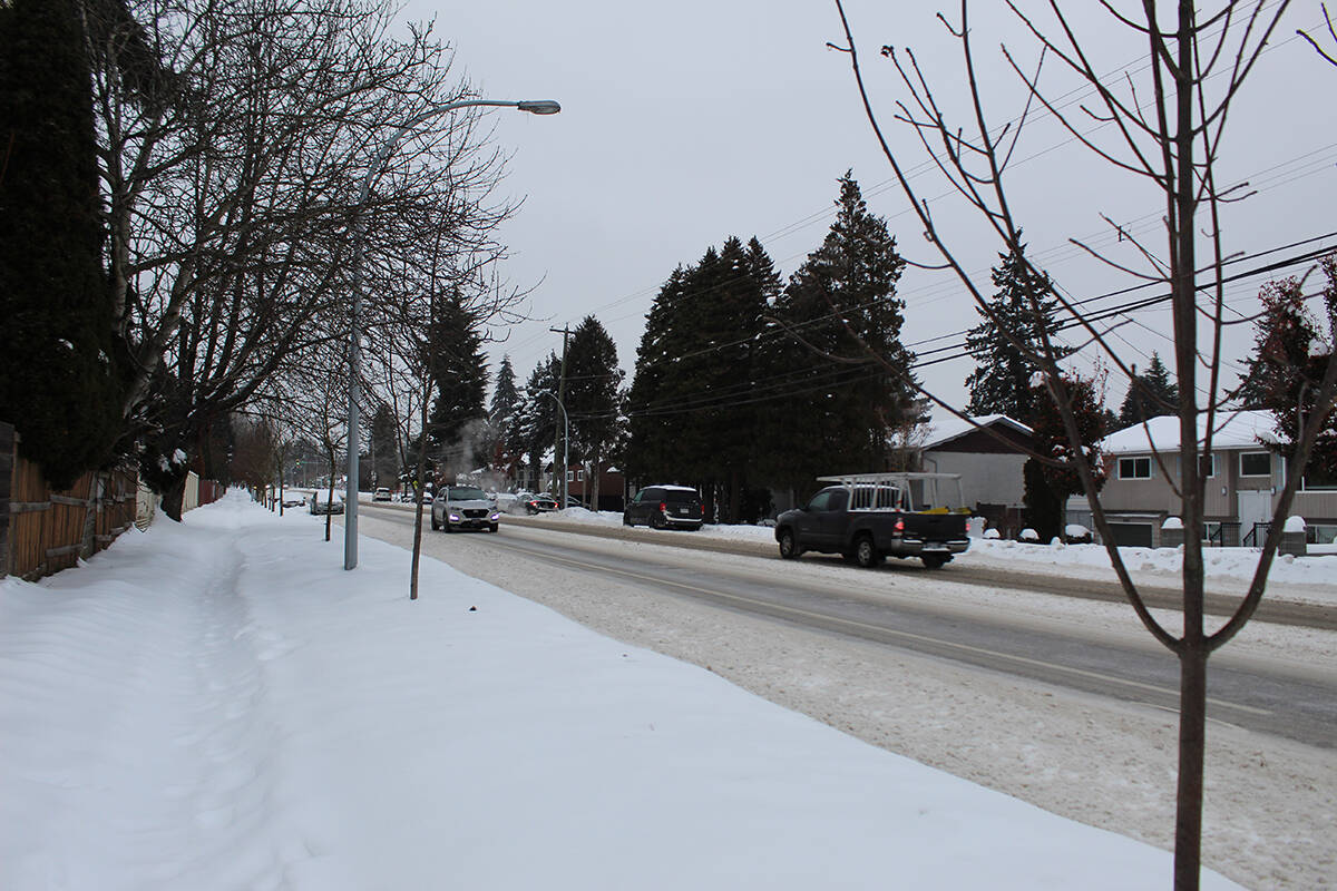 Few cars brave the streets during a winter storm warning on Friday, Dec. 23 morning along 128 Street near 90 ave in Surrey. (Sobia Moman photo)