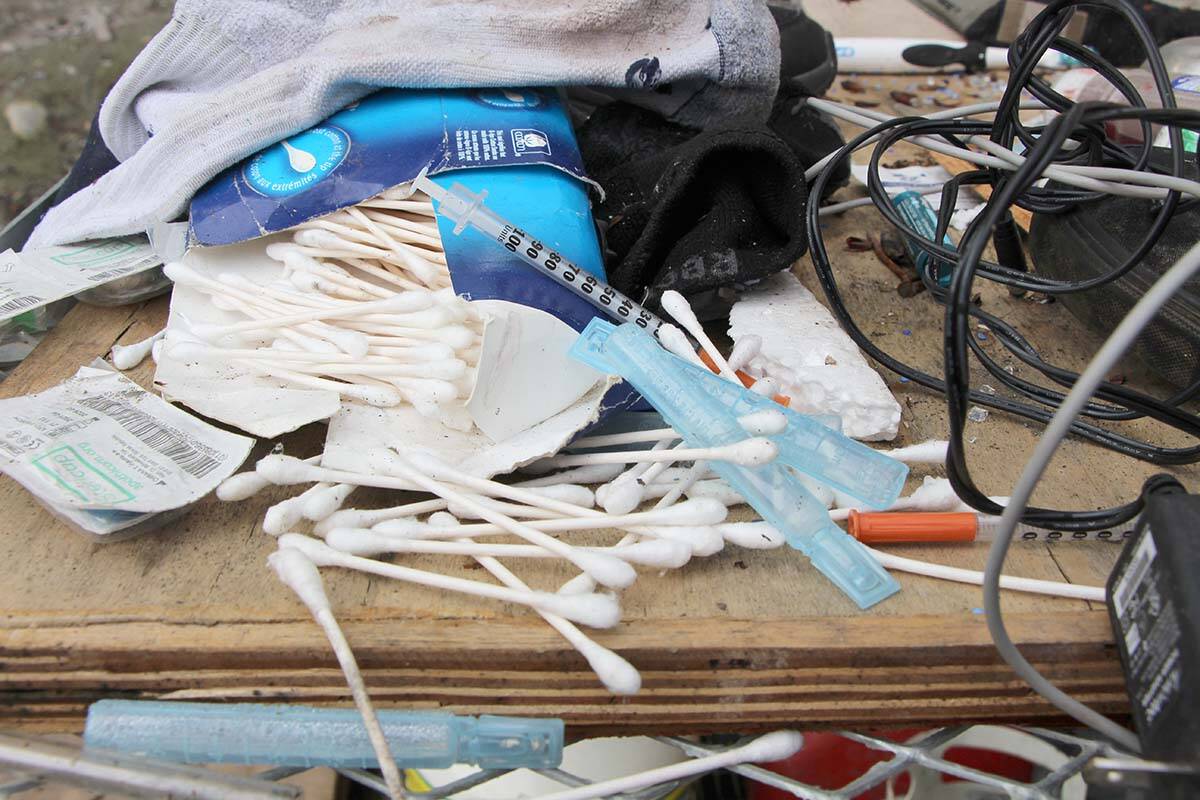 Used needles and other drug paraphernalia can be seen throughout the camp. (Vikki Hopes/Abbotsford News)
