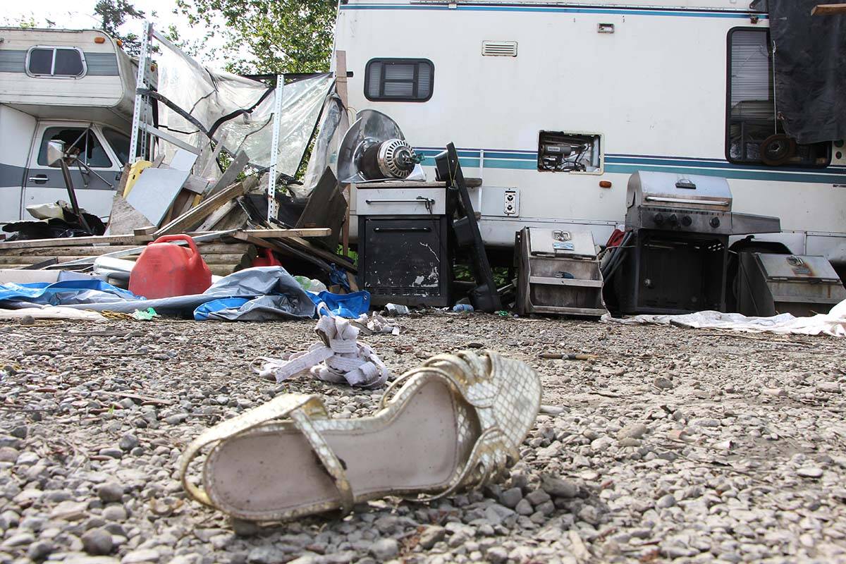 An errant dressy shoe appears in the middle of the Lonzo Road encampment on May 4. (Vikki Hopes/Abbotsford News)