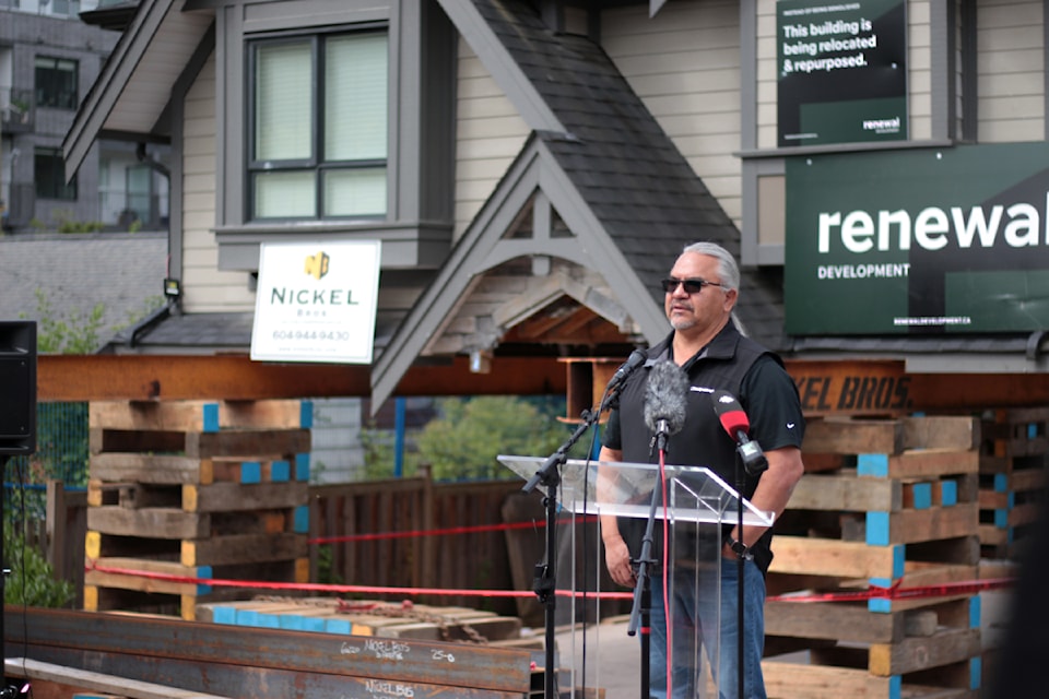 Sts'ailes Nation Grand Chief Willie Charlie speaks in Coquitlam Tuesday (June 18, 2024) in anticipation of four homes being moved to the nation from their current location in Coquitlam.