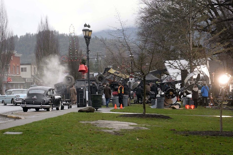 Lights, camera, action! Fake snow, fire arms and stunt driving turn Pioneer Park into a movie set. Is that Jeff Bridges over there? (Nina Grossman/The Observer)