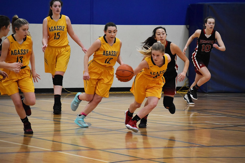 Hailey Baumfield (6) heads down the court towards the Pemberton end during the last quarter of the final game in the 2019 provincial championships. (Grace Kennedy/The Observer)