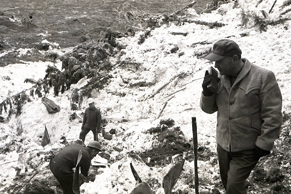 Minister of Highways, Phil Gaglardi on the site of the Hope Slide during recovery, January 1965. (B.C. Ministry of Transportation/Flickr)
