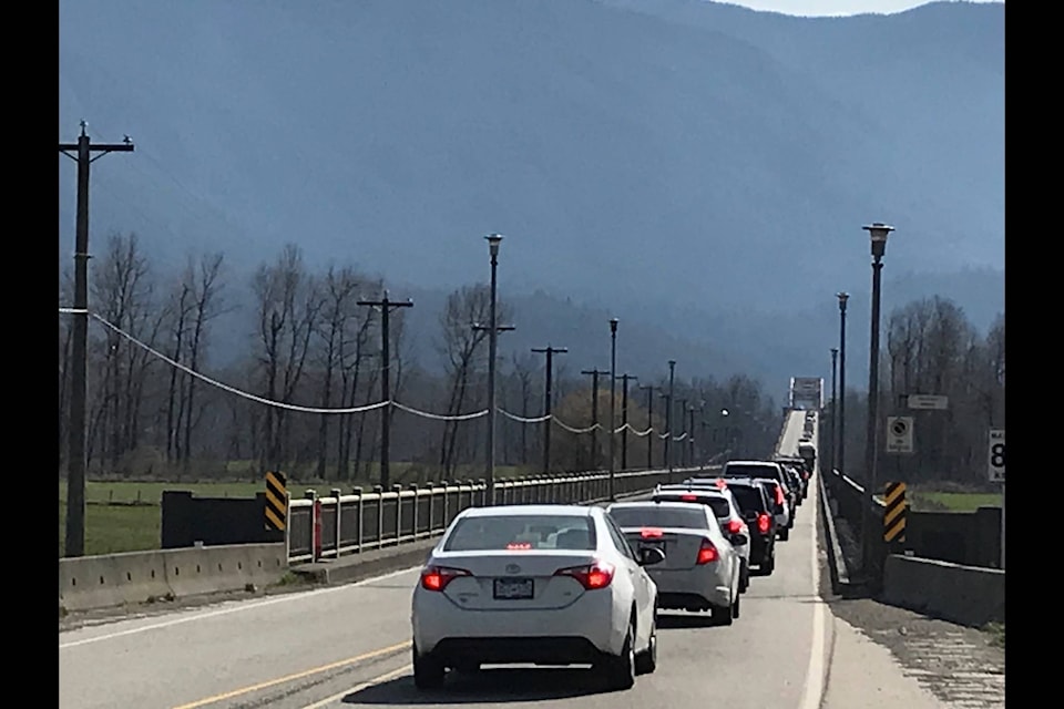 Traffic backed up all the way down the Agassiz-Rosedale bridge late Thursday afternoon. (Adam Louis/Observer)